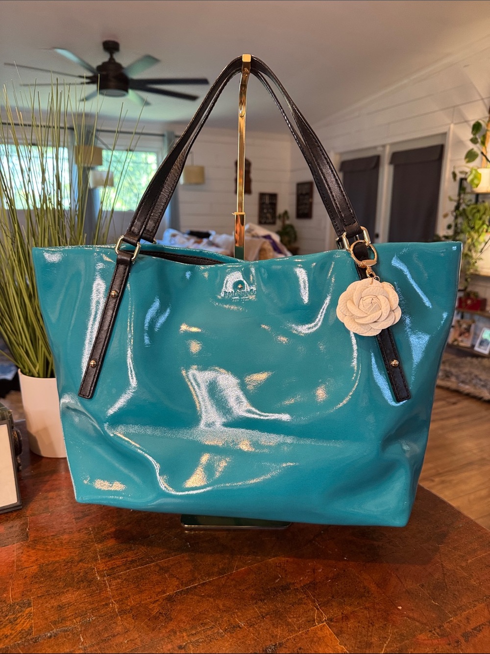Kate Spade Storybook Lining Teal Patent Tote Bag with Black Handles